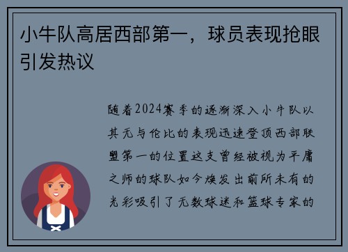 小牛队高居西部第一，球员表现抢眼引发热议